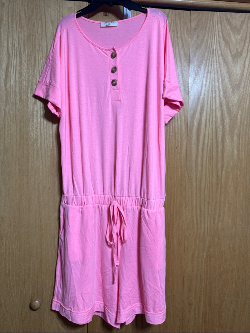 Zenana Neon Pink Henley Button Front Short Sleeve Romper